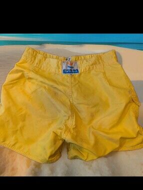 Vintage Sun Britches Shorts Mens 32 Yellow Board Swim Trunks 80s Beach Lace Up